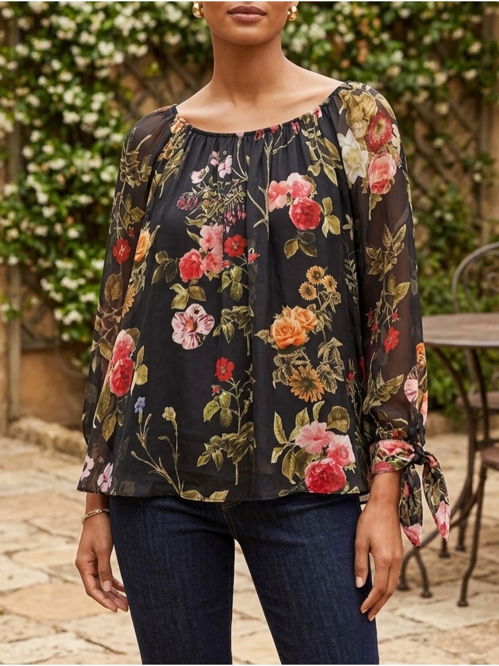 Cherish Black silk Sheer Floral Peasant Blouse with Tie Cuffs